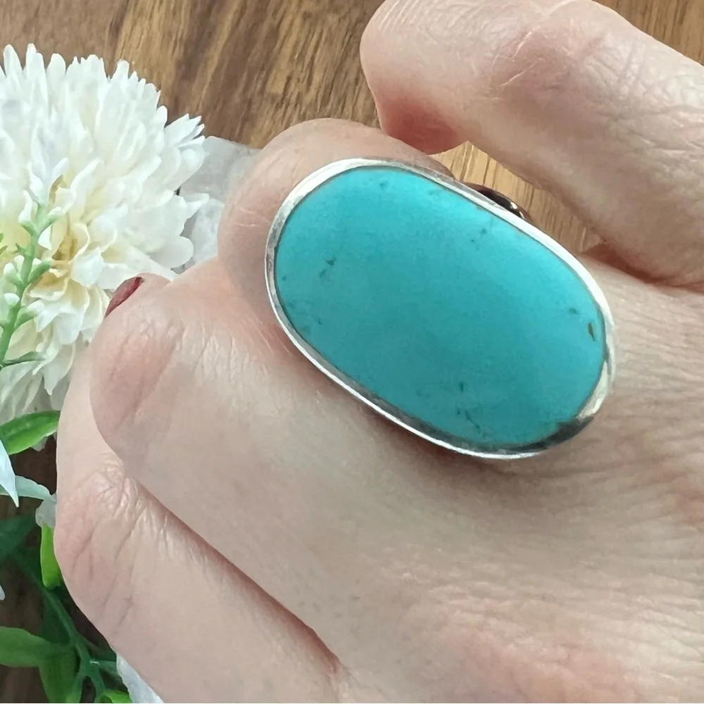 VINTAGE Turquoise Ring Size 7 Solid Sterling Silver 925 Chunky Ring - Picture 5 of 11